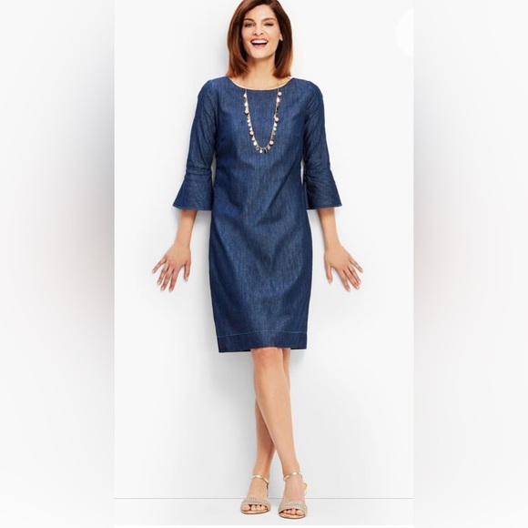 Talbots Chambray Blue Denim Flounce 3/4 Sleeve Shift Dress Women Size 10 - Picture 2 of 9